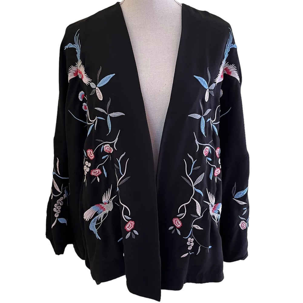 Embroidered Black Open-Front Jacket